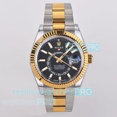 ES Factory 1-1 Replica Rolex Sky-Dweller World Timer  Black Dial Two-Tone Oyster Watch 